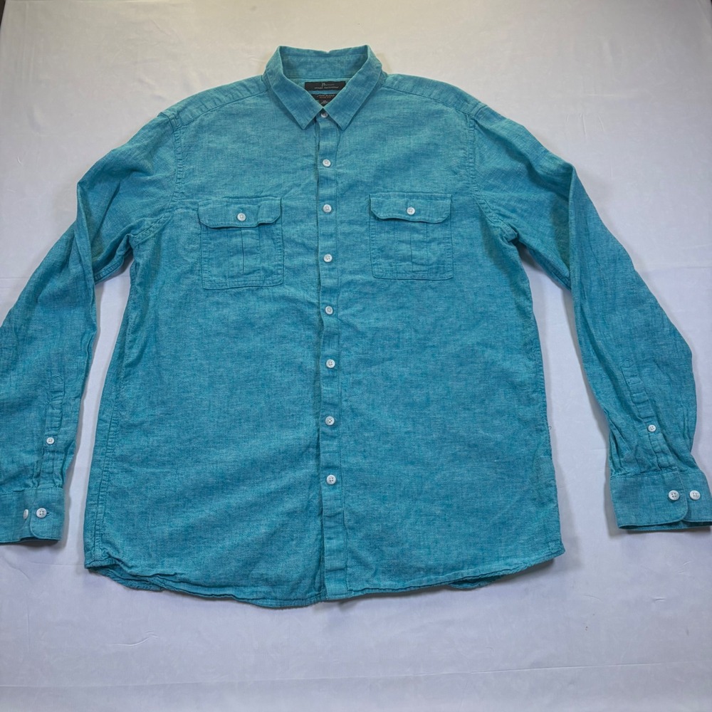 Marc Anthony‎ Mens XL Slim Fit Linen Blend Button Up Shirt Teal Blue Long Sleeve